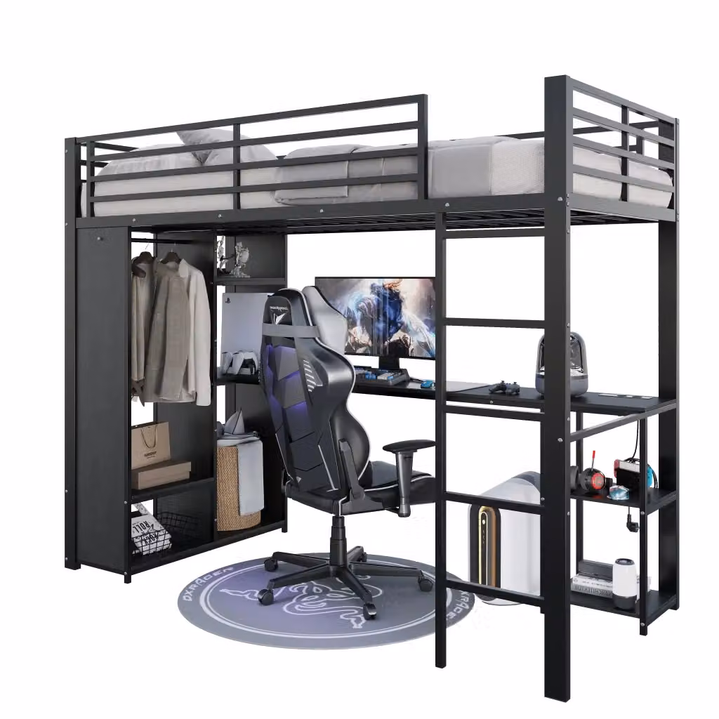 Letto a soppalco singolo Chicfurn in metallo nero con scrivania, illuminazione LED, ripiani e porta USB, L/P: 90 x 200 cm – 2