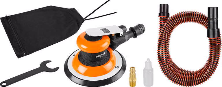 NEO TOOLS Levigatrice pneumatica ad orbita casuale, diametro disco 125/150, 12000 giri/min, aspirazione polveri, pressione d'esercizio 6,3 bar, consumo medio d'aria 133 l/min, attacco 1/4", tubo flessibile 3/8"