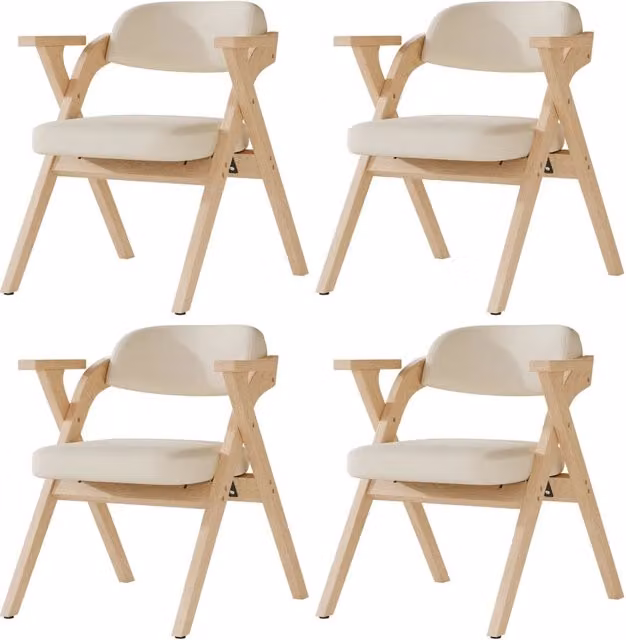 Set di 4 Sedie Pieghevoli da Pranzo in Legno Massiccio con Cuscino in Lino Beige, Design Moderno e Salvaspazio