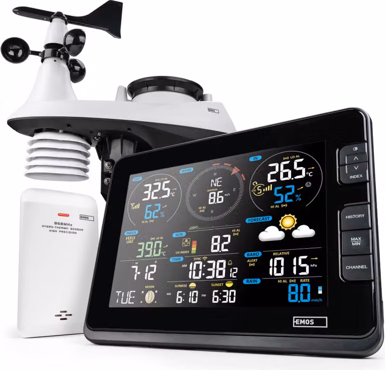 Stazione meteorologica EMOS WLAN con anemometro e pluviometro - per previsioni del tempo, per interni ed esterni - Monitora ora, data, temperatura, umidità, pressione atmosferica - Previsioni a 12-24 ore