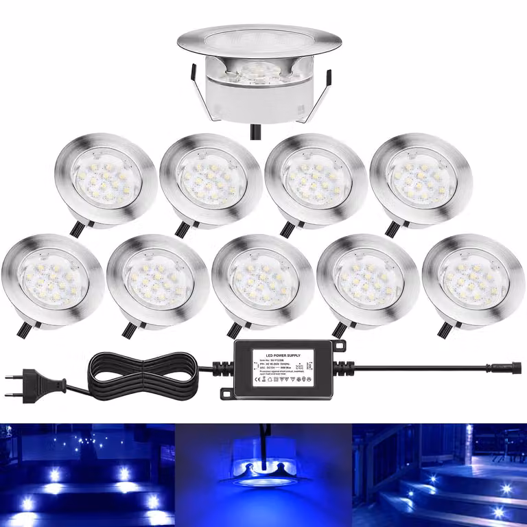 Set di 10 luci LED per esterni, colore blu, grado di protezione IP67, realizzate in acciaio inossidabile e policarbonato