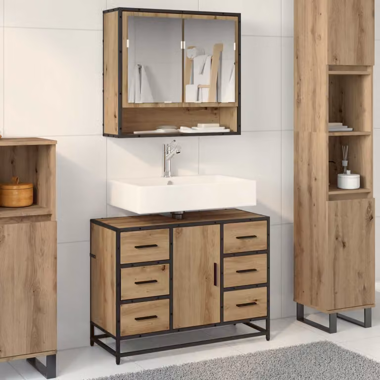 Set di mobili per il bagno moderno vidaXL composto da mobile sottolavabo e armadietto con specchio in legno e metallo, colore marrone e nero, L: 80,0 cm, P: 45,78 cm, H: 60,0 cm