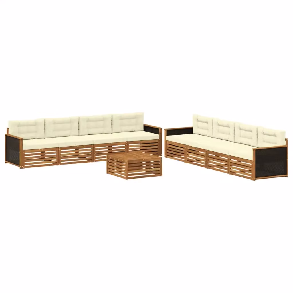 Set di divani da esterno 9 pezzi vidaXL in legno di acacia con tavolino e cuscini, beige e bianco – 2