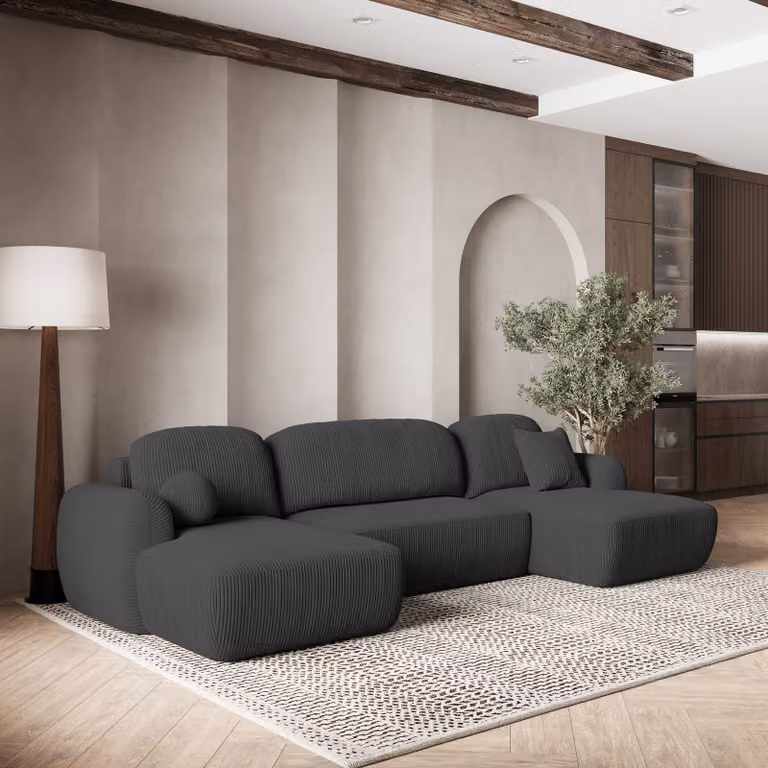 Divano angolare SAVONA P di Masseno con funzione letto a U, divano con box letto, divano da soggiorno, divano, divano letto, set di divani - grigio, POSO 34