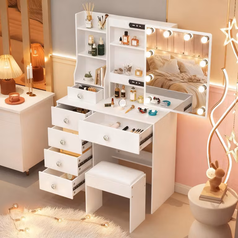 Comò con specchio a LED - Bianco - MDF - Con sgabello e cassetto