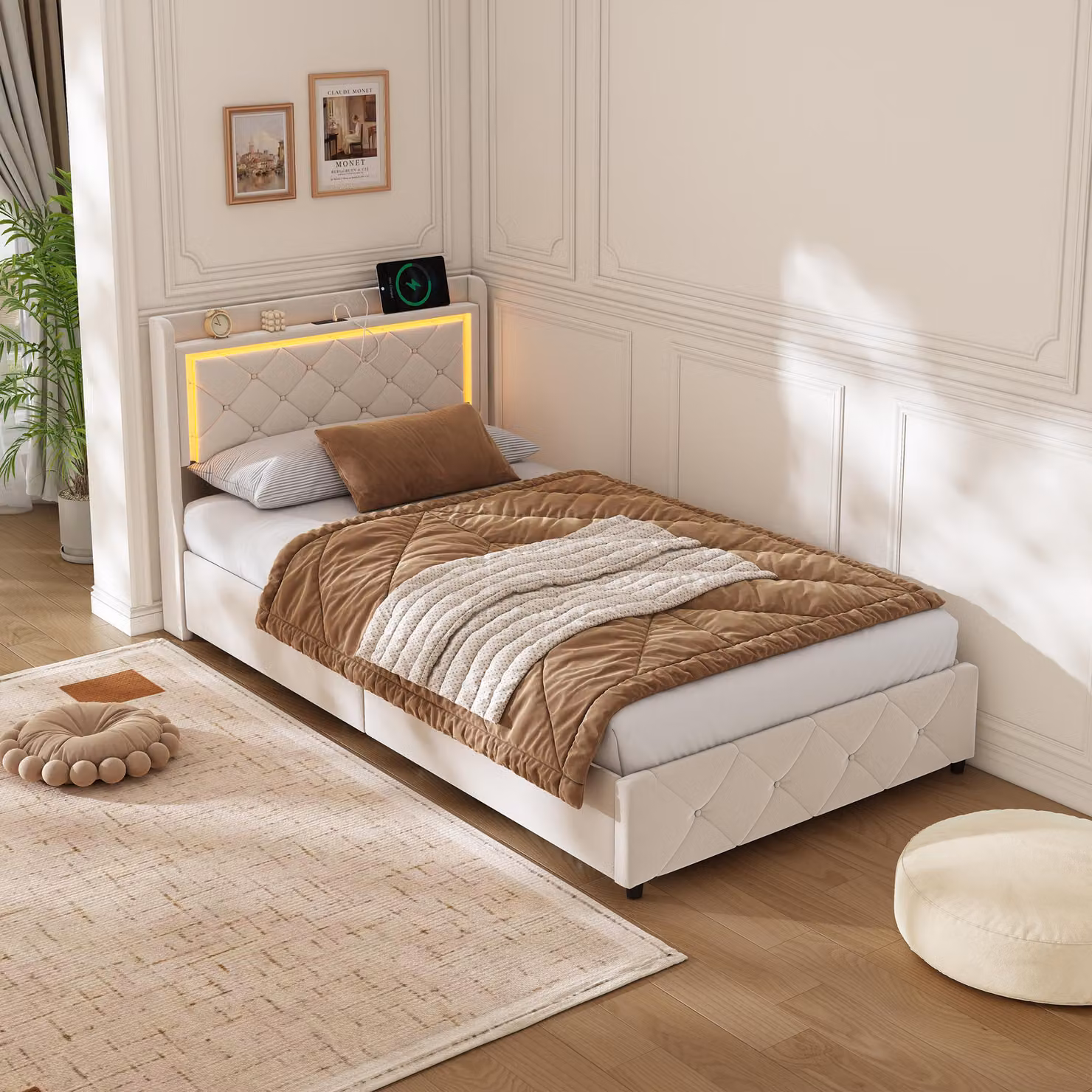 letto 90 x 200 cm con contenitore, illuminazione a LED, connessione USB, contenitore idraulico e testiera, beige