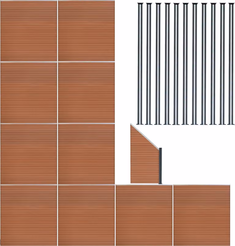 Pannello divisorio in legno composito (WPC), quantità: 10; elemento angolare, quantità: 1; pali per recinzione con illuminazione a LED, quantità: 11 - Colore: marrone