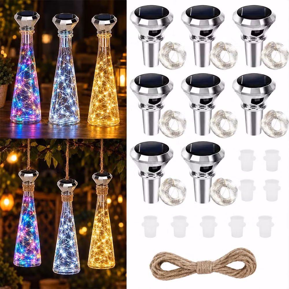 Luci solari a forma di bottiglia, confezione da 8 pezzi, 20 LED per confezione, lunghezza totale 2 metri, resistenti alle intemperie, 3 colori