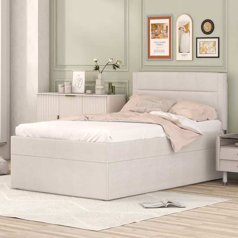 Letto imbottito okwish, letto singolo con struttura in metallo, rete a doghe, ampio vano contenitore, beige, 200x90 cm.