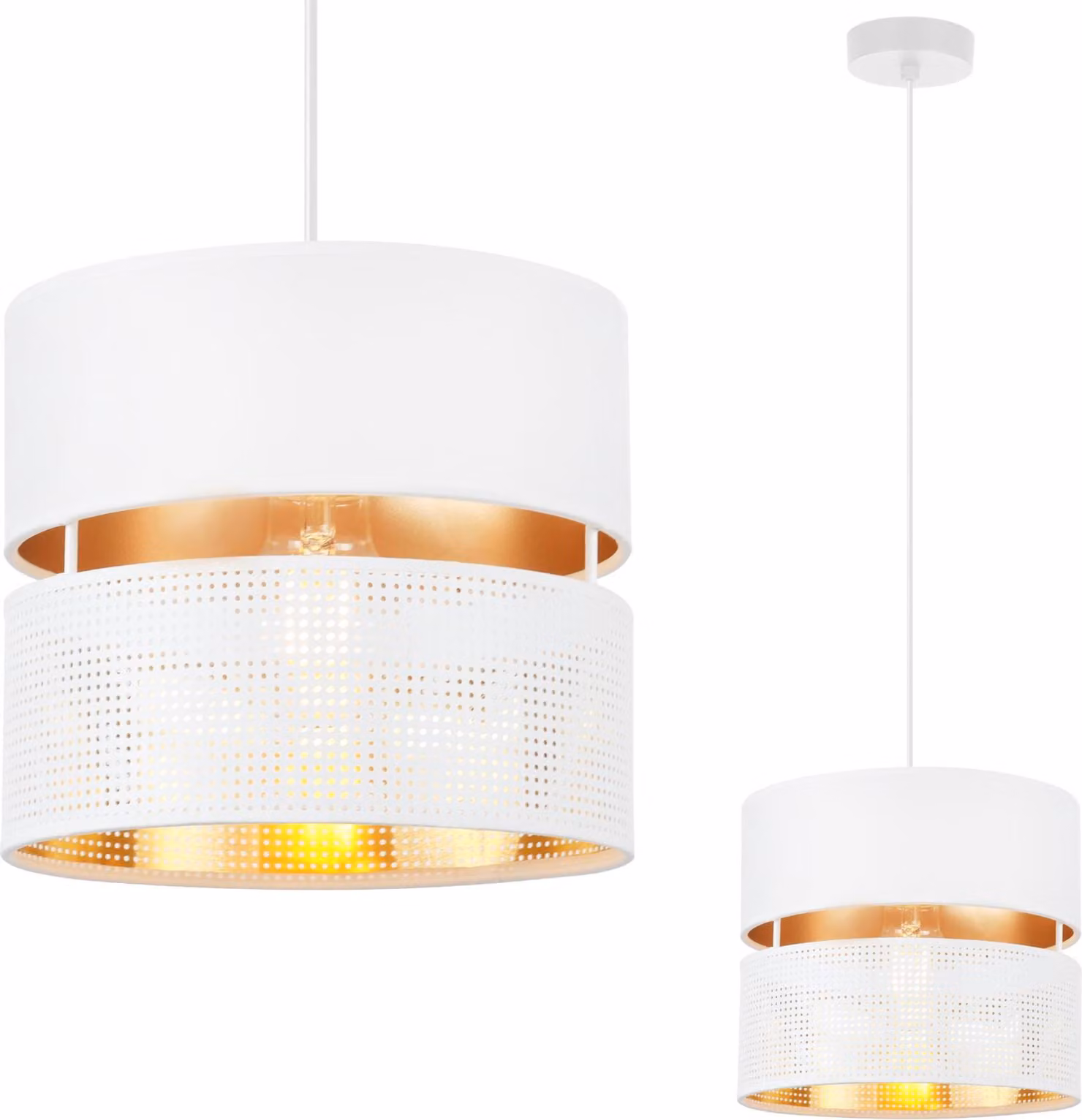 Asti Duo Lampada A Sospensione Bianca 1 Paralume Piatto Bianco Dorato Ts 20Cm