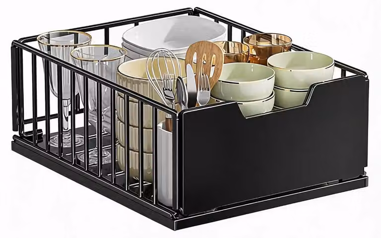 Cestello estraibile per armadi - Cestello scorrevole per ripostigli - Adatto per cucina, dispensa e bagno - Acciaio - Dimensioni regolabili - Pieghevole - Modello alto, 30 cm