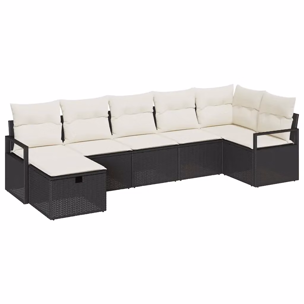 Set di divani da giardino vidaXL in rattan con cuscini nero e beige, composizione a L con 7 pezzi e struttura in metallo – 2