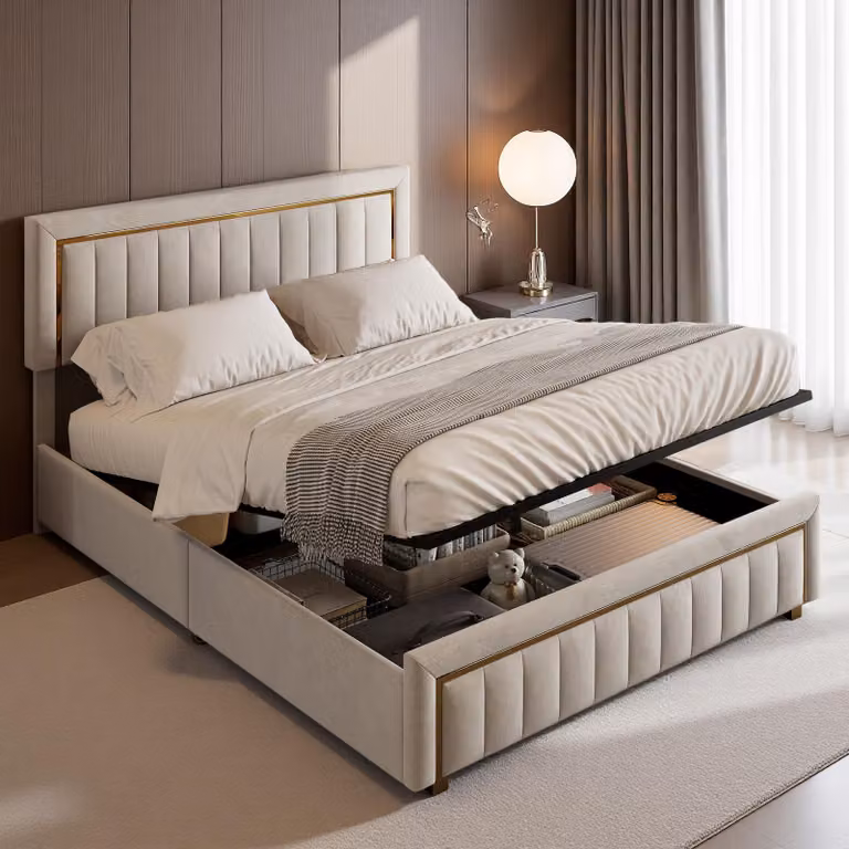 Letto imbottito INONEFT 180x200 con spazio contenitore, letto matrimoniale con cassone a sollevamento idraulico e poggiatesta regolabile, letto per ragazzi, in velluto, senza materasso, color beige