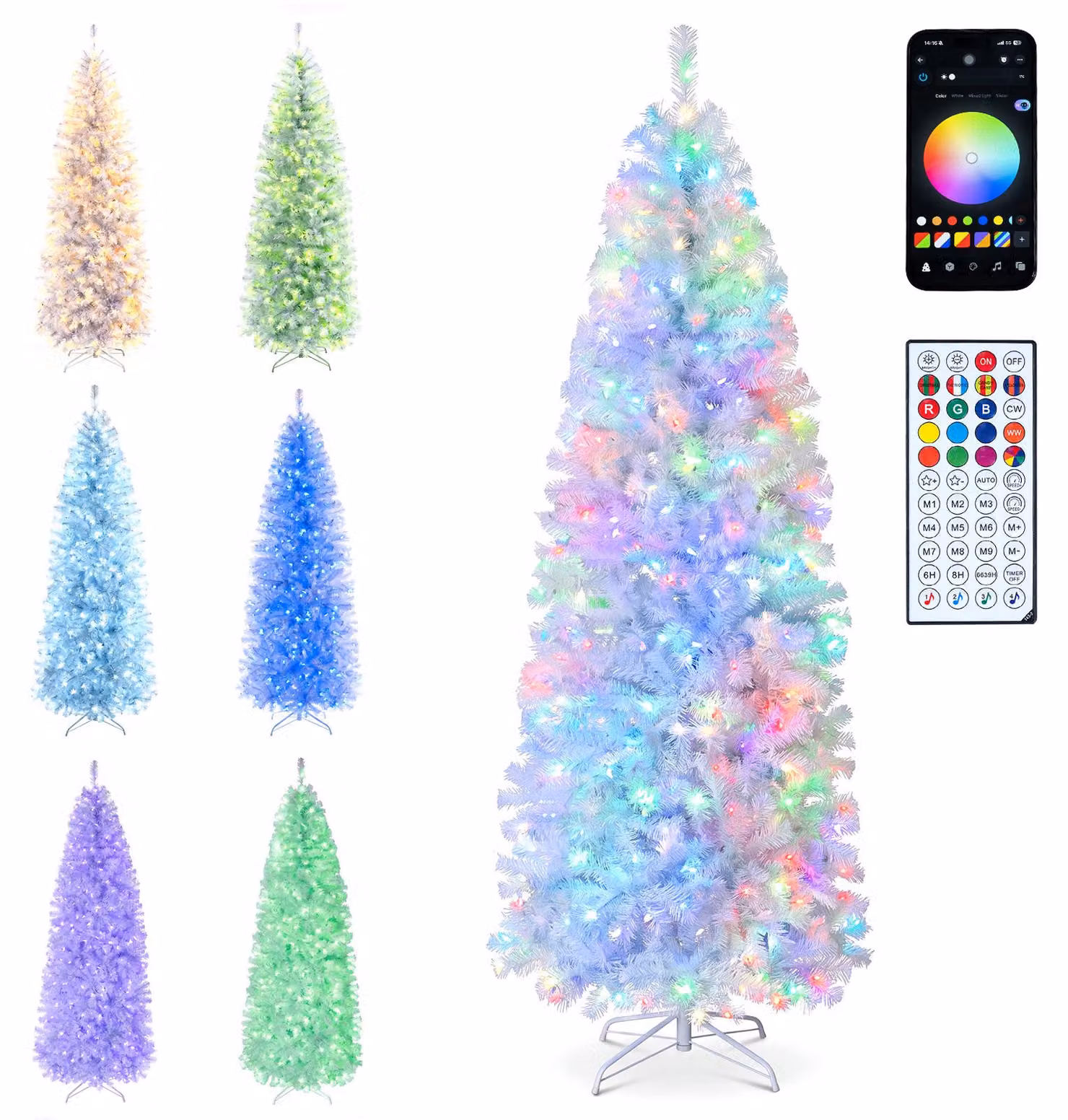 Albero di Natale artificiale COSTWAY, altezza 225 cm, forma slanciata, con 989 punte in PVC, luci a LED (380), supporto in metallo e sistema pieghevole, colore bianco