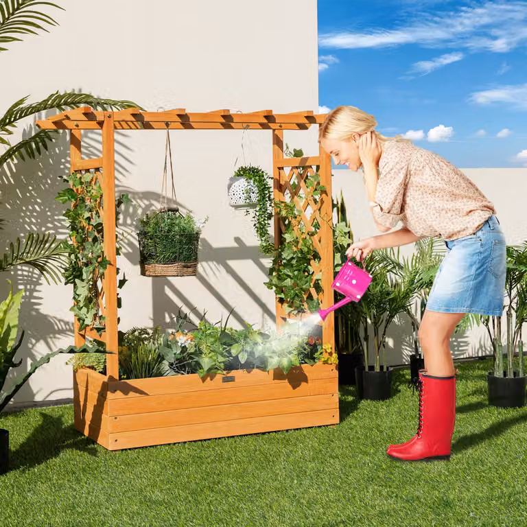 Fioriera rialzata in legno con grigliato ad arco Costway, Arancione, per giardino e piante da interno ed esterno