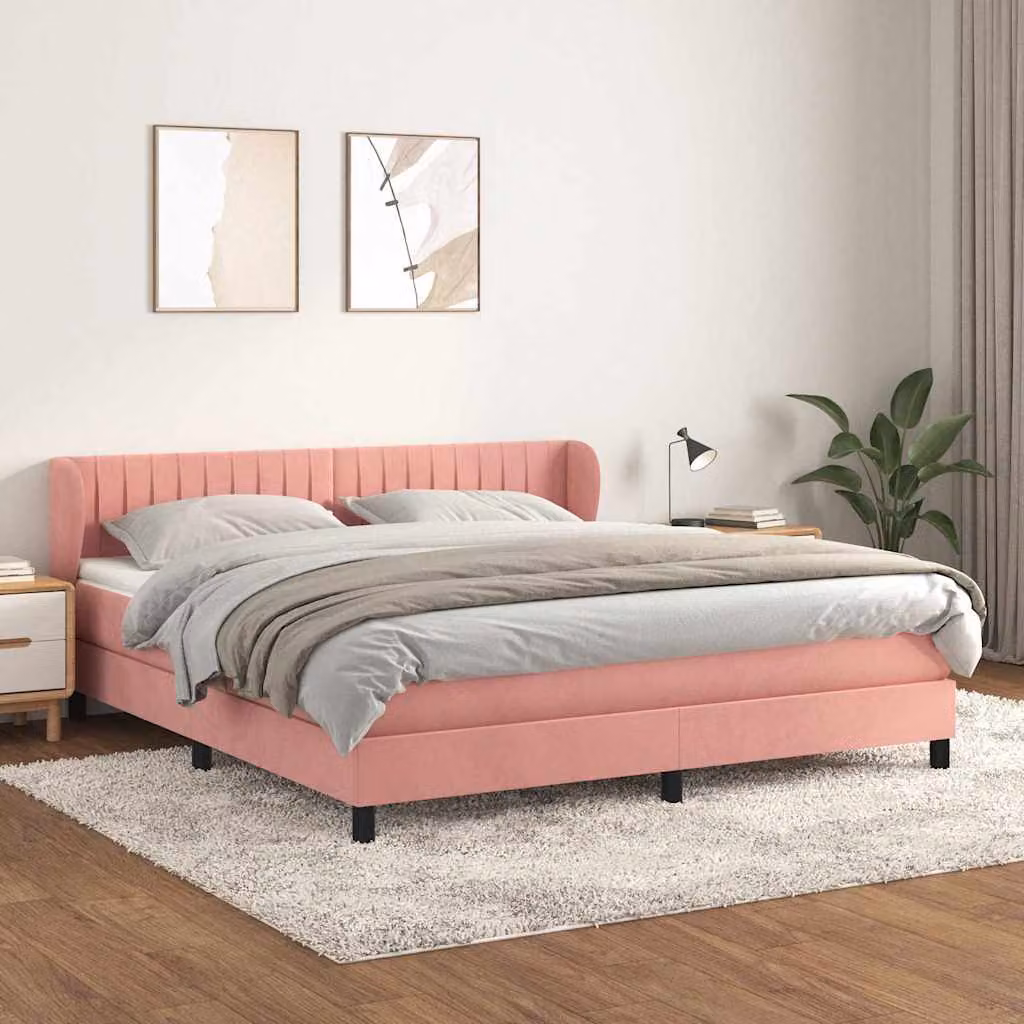vidaXL Giroletto a Molle con Materasso Ibrido in Velluto Rosa, L/P/H: 183 x 180 x 203 cm – 1