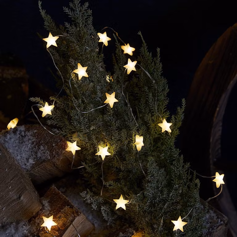 Catena luminosa a LED a forma di stella, 50 luci, luce bianco caldo, lunghezza 4,9 metri, grado di protezione IP44, con timer