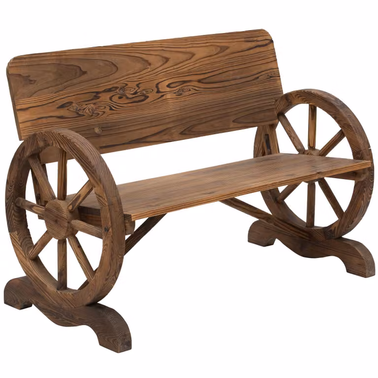 Moonbite, panchina da giardino per 2 persone, realizzata in legno massello di abete, con braccioli a forma di ruota di carro e schienale alto, capacità di carico: 250 kg, dimensioni: 114 × 58 × 80 cm, materiale: legno, colore: marrone scuro