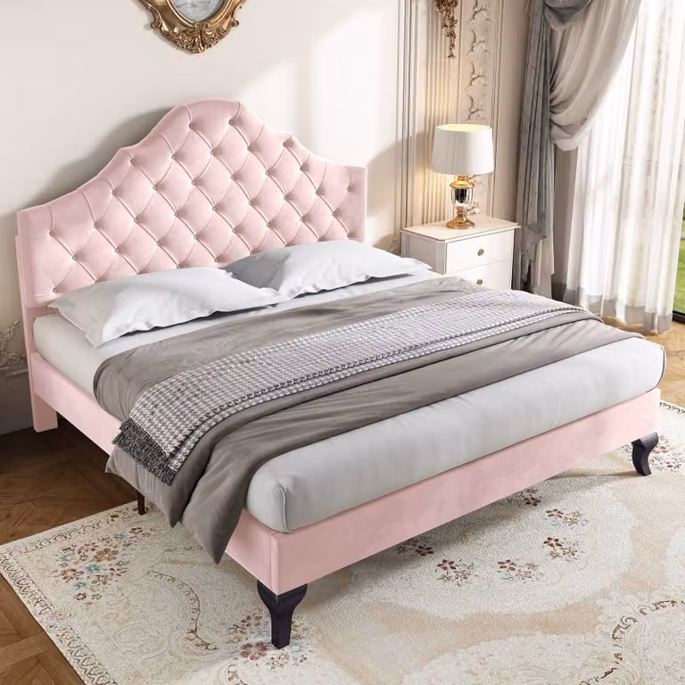Letto imbottito Merax 140x200cm con testata regolabile in altezza e rete a doghe, letto matrimoniale in velluto e legno massiccio, rosa
