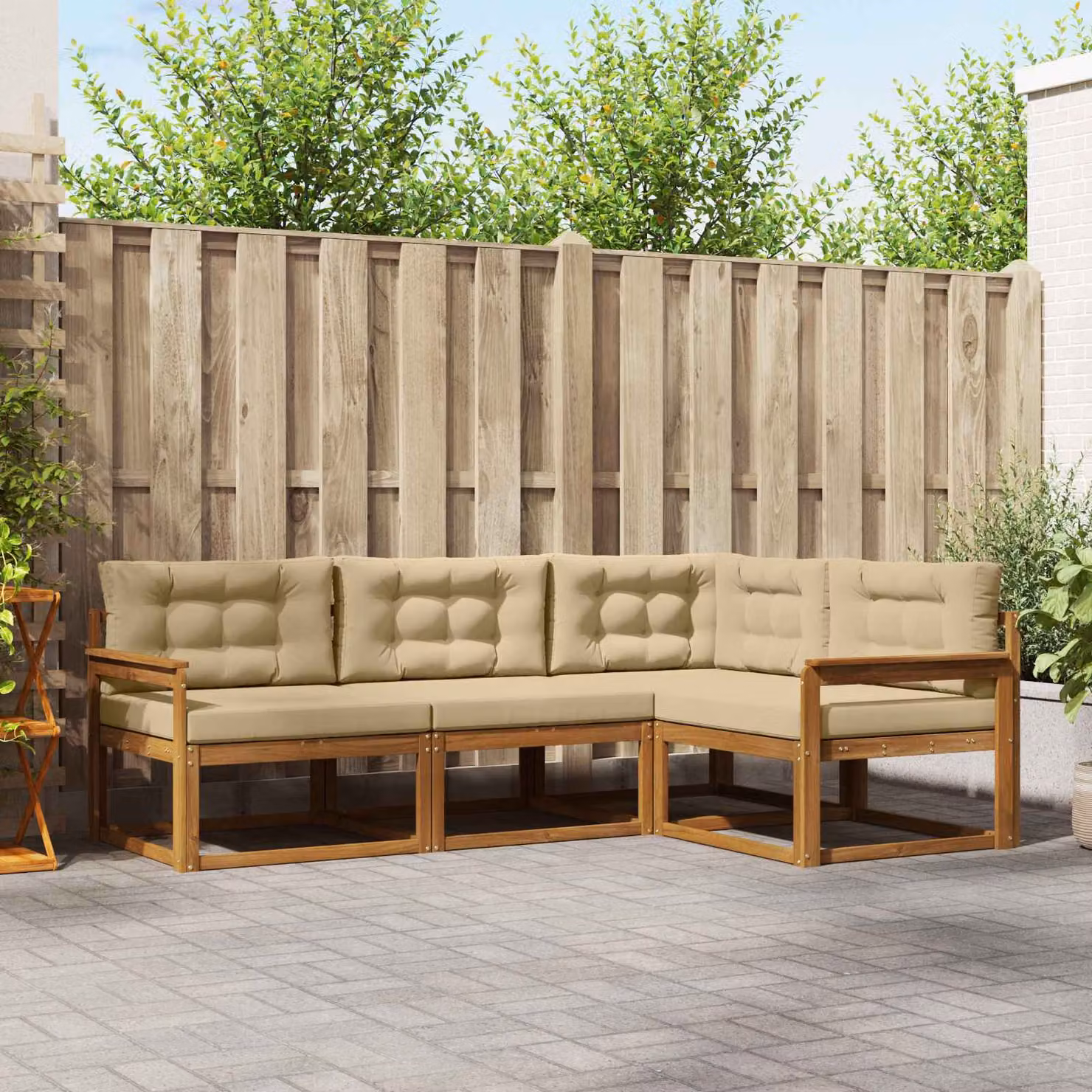 Set di divani da esterno vidaXL a forma di L in legno di acacia con cuscini, marrone e beige