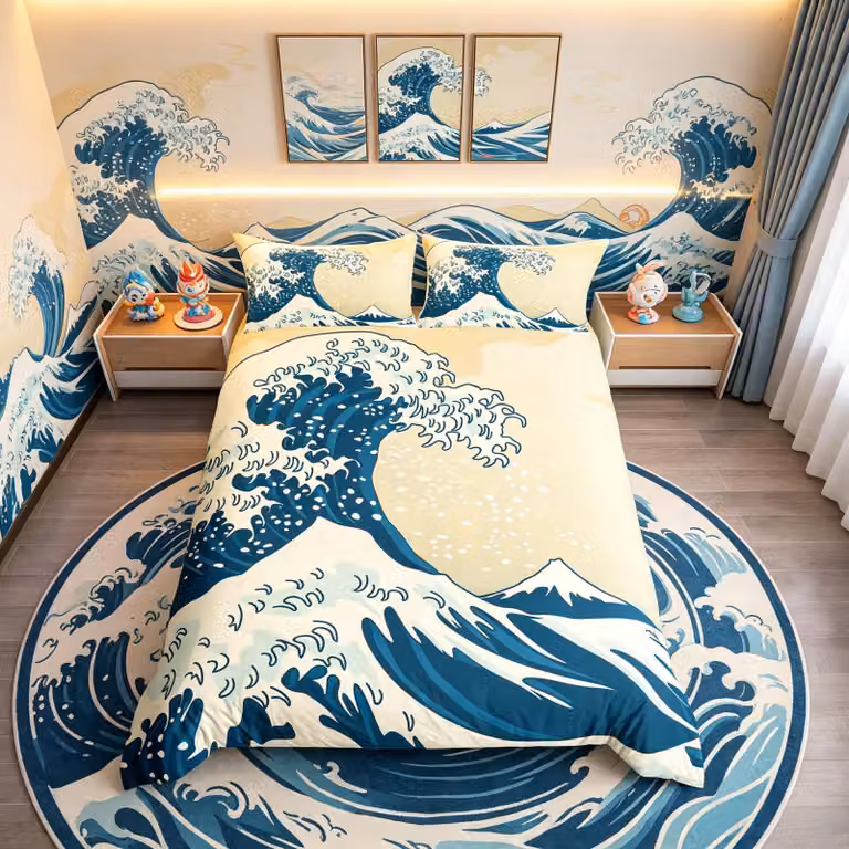 Solidchoice - Set di lenzuola e copripiumino elegante con motivo a onde marine, per letto matrimoniale