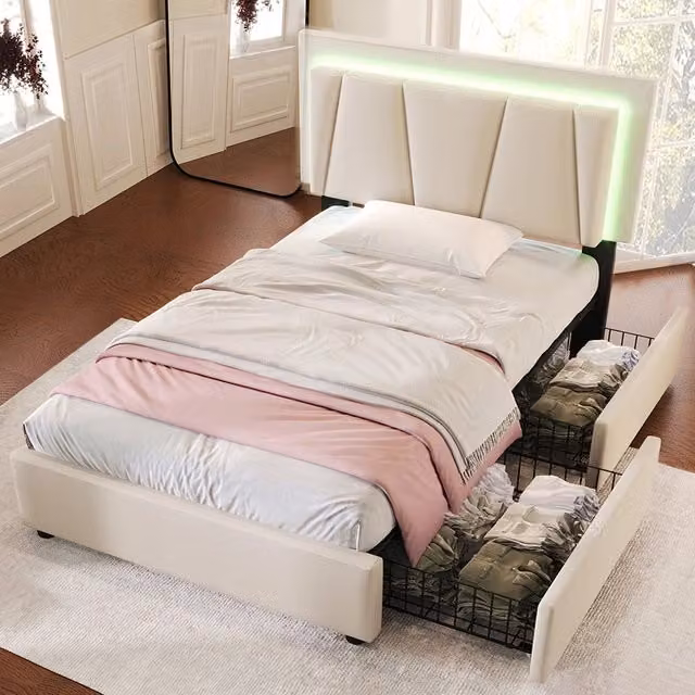 Letto singolo imbottito con LED e 2 cassetti - Xylo - 90x200cm - Beige