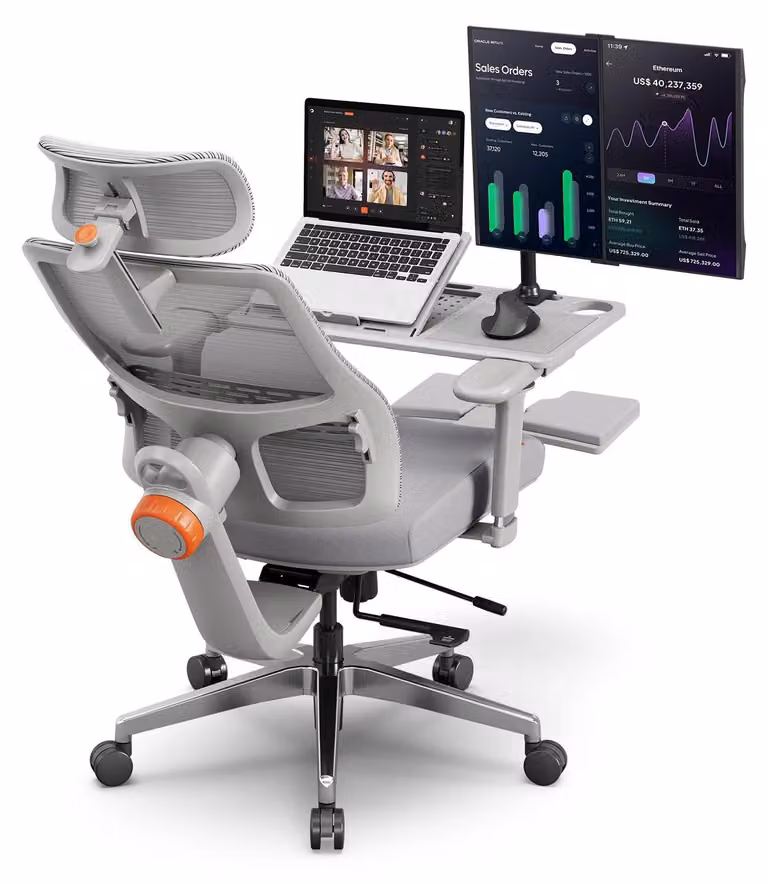 MagicH-GPro: Sedia da ufficio ergonomica. Schienale in rete. Supporto lombare automatico. Poggiatesta 5D. Braccioli 4D. Poggiapiedi. Stazione di lavoro integrata