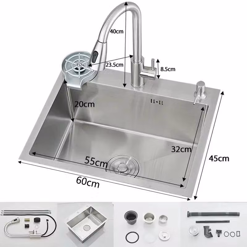 Lavello da cucina in acciaio inossidabile 304 - Vasca singola 60x45 cm - Design "a mensola" / stile rustico - Finitura spazzolata - Con miscelatore - Nichel