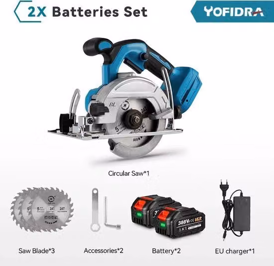 Segatrice Circolare a Batteria Yofrida con 2 Batterie e 3 Lame, Angolo Regolabile e Accessori, Colore Nero e Blu