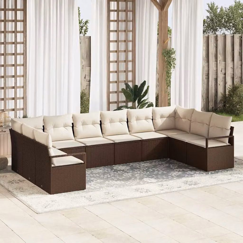 vidaXL Set Divano da Giardino 10 Pezzi in Polyrattan con Cuscini Marrone, Bianco e Nero – 1