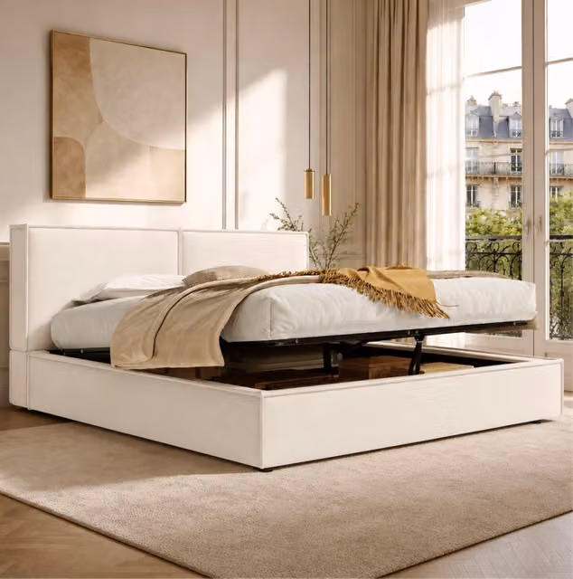 Letto matrimoniale imbottito 180x200 cm con base a doghe, contenitore idraulico e testiera in lino beige