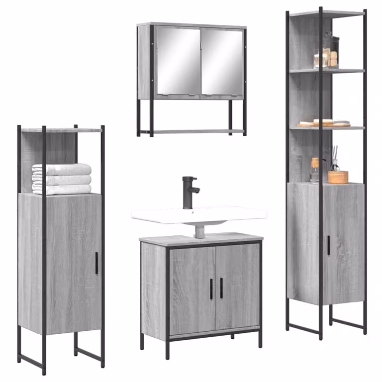 Set di mobili da bagno vidaXL composto da 4 pezzi in legno e metallo, colore grigio opaco, include armadietto con specchio, mobile lavabo, mobile laterale e colonna alta