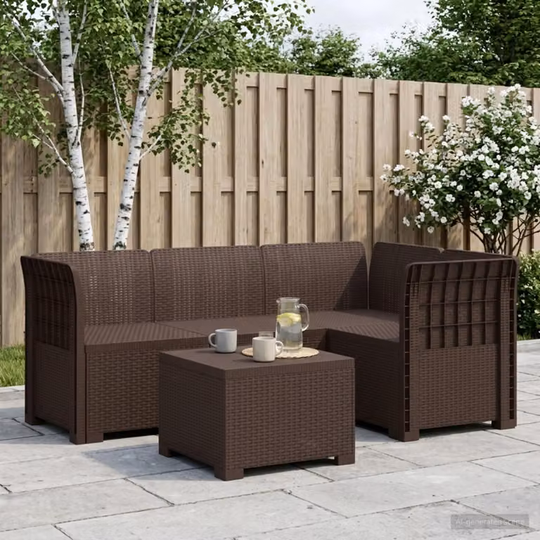 Set da giardino vidaXL moderno in polyrattan marrone con divano angolare a L, elemento d'angolo, tavolino da caffè e cuscini inclusi