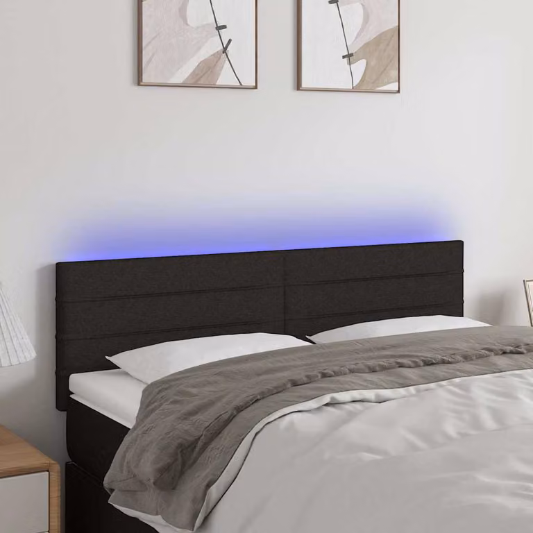 Testiera per letto vidaXL in tessuto nero con illuminazione LED integrata e porta di ricarica USB, L 144 x P 5 x H 78/88 cm