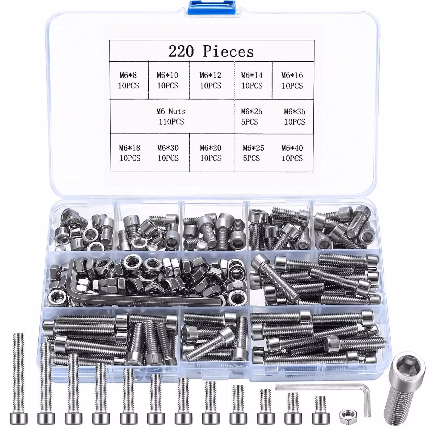Set di viti M6 in acciaio inossidabile: viti a testa esagonale con dadi e rondelle, 220 pezzi, inclusi 2 chiavi inglesi, colore argento