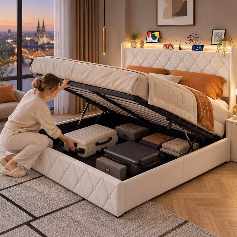 Letto imbottito INONEFT, 140x200 cm, con LED e USB, letto matrimoniale per ragazzi con spazio contenitore a sollevamento idraulico, struttura letto contenitore con rete a doghe, in velluto, color beige