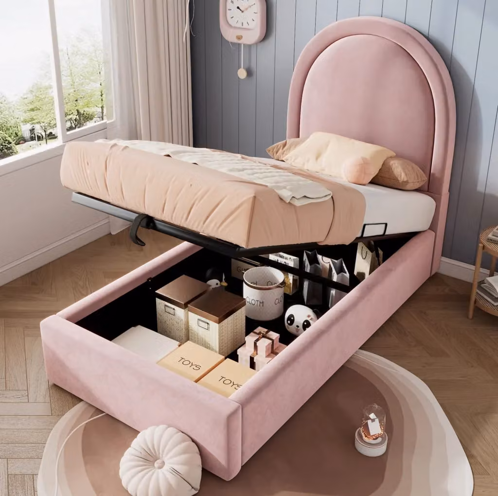 Letto singolo imbottito MODFU in velluto rosa con contenitore e rete sollevabile L/P: 90 x 190 cm – 2