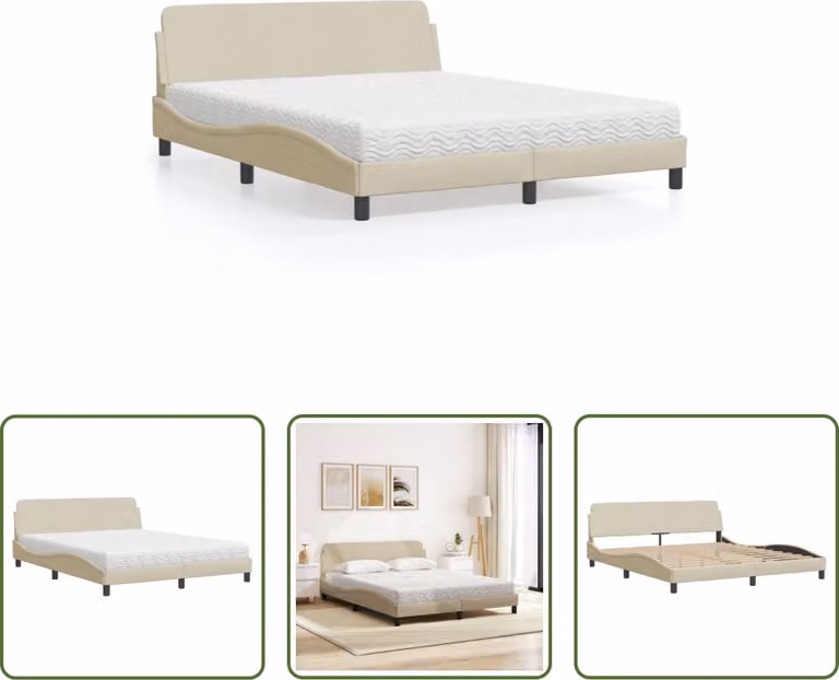 The Living Store Letto con materasso crema 160x200 cm in tessuto