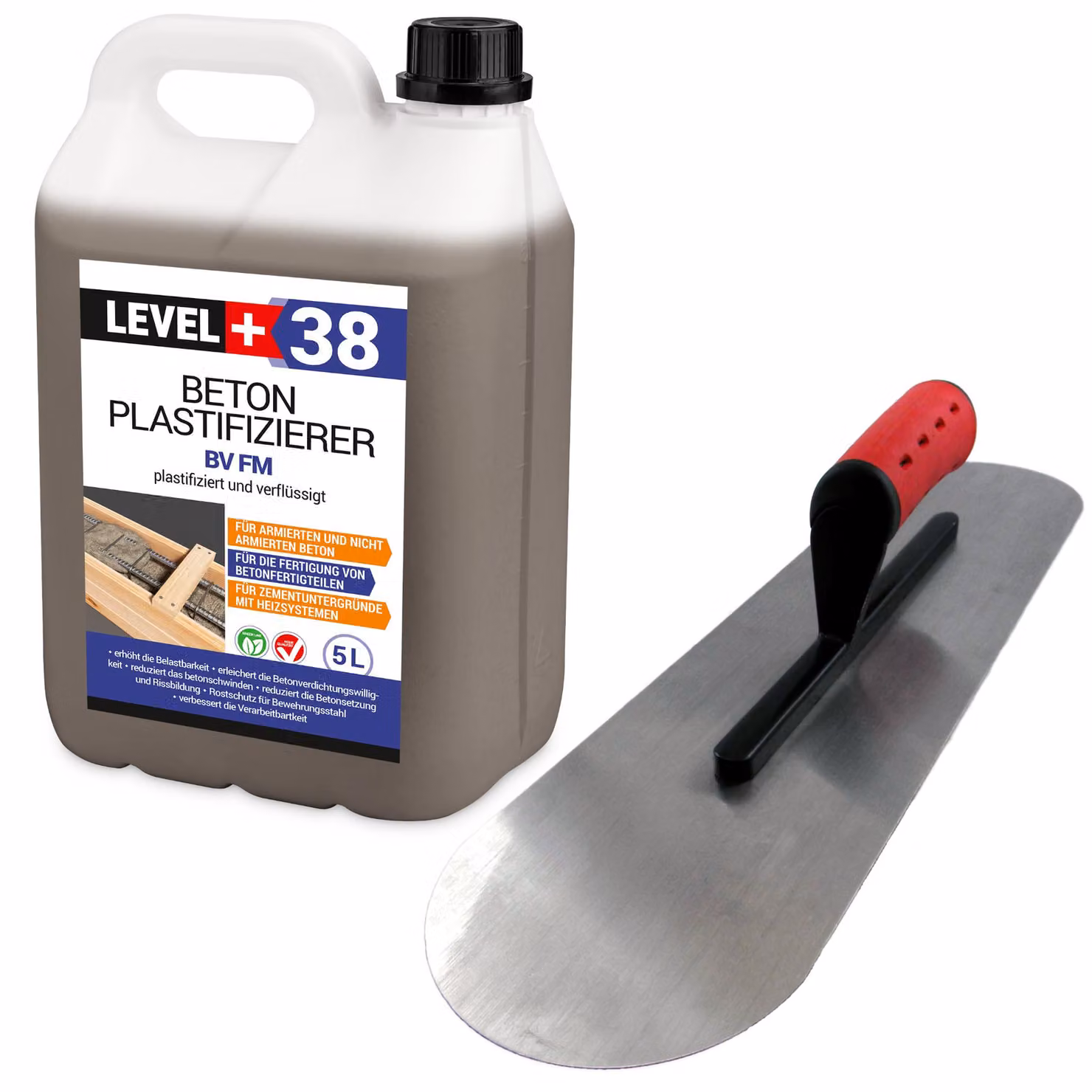 Set di additivi per calcestruzzo 5 L - Spatola professionale per pavimentazione bifacciale semicircolare SET350