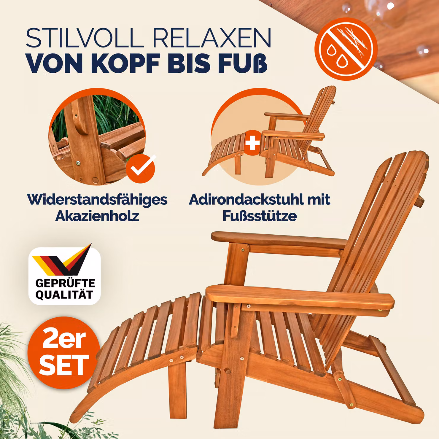 Set di 2 sdraio da giardino Adirondack Casaria in legno di acacia marrone con schienale ergonomico – 2