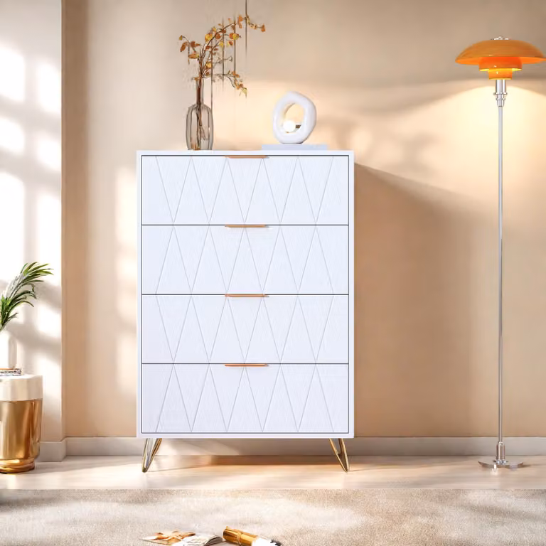 UnboxG Comò 60x34x90 cm, 4 cassetti, bianco con motivo a rombi, credenza, armadio, mobili per camera da letto e soggiorno