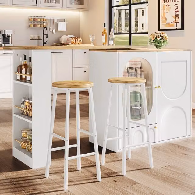Tavolo da pranzo con 2 sgabelli, vani contenitore con ante in vetro e ripiani regolabili, per cucina, bianco