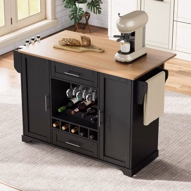 Carrello cucina con piano pieghevole e portabottiglie