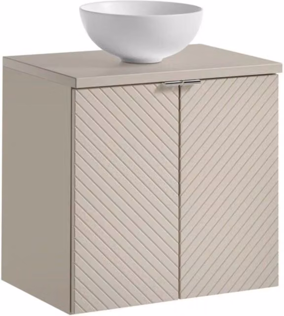 Set da bagno AOKI: mobile sottolavabo con armadietti 60cm + piano d'appoggio beige + lavabo bianco rotondo da appoggio
