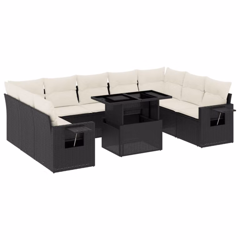 Set Divani da Giardino 10pz con Cuscini in Polyrattan Nero