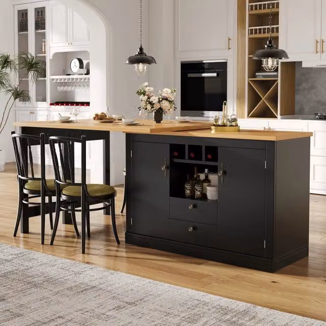 Tavolo da pranzo allungabile con mobile bar girevole e portabottiglie per soggiorno e studio in MDF nero naturale