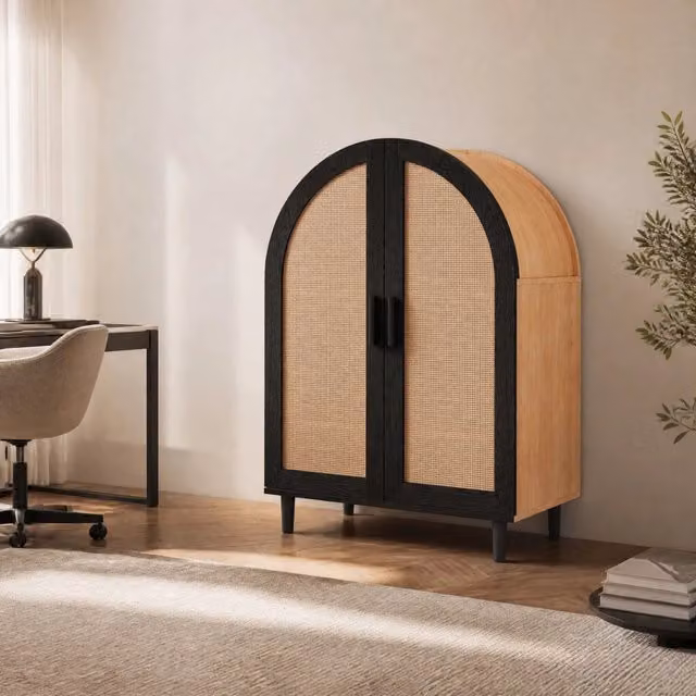Credenza scarpiera moderna con ante in rattan e chiusura soft close, colori nero e beige, L: 100 cm, P: 40 cm, H: 70 cm – 1