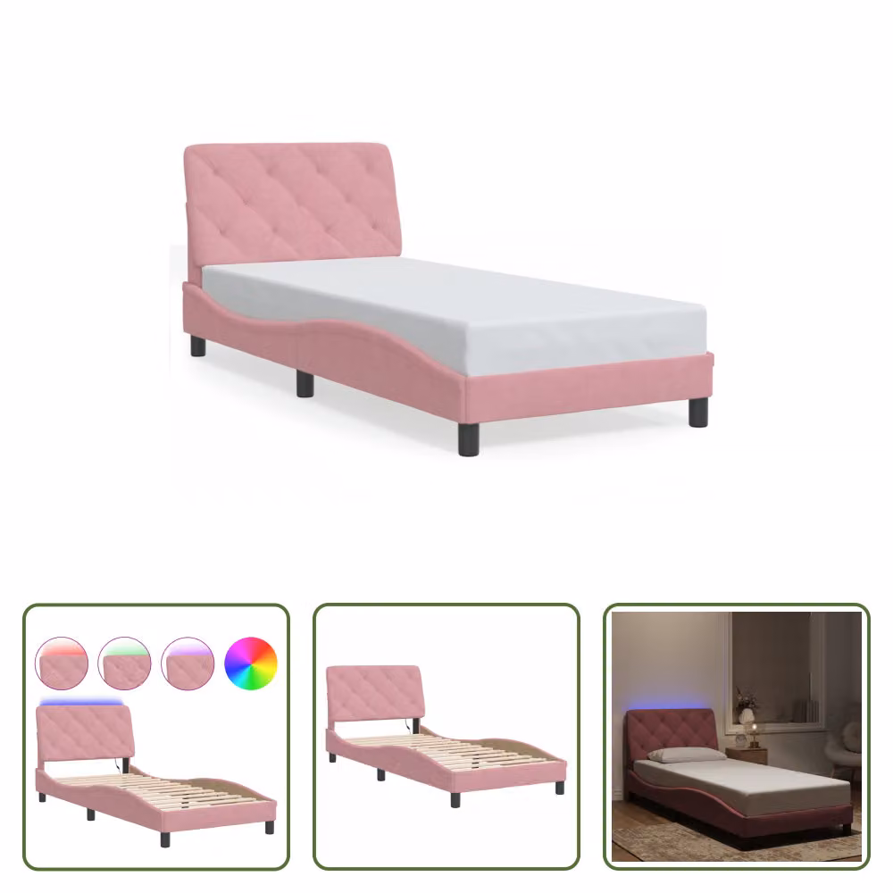 The Living Store Struttura letto con luci LED Rosa 90x190 cm in velluto