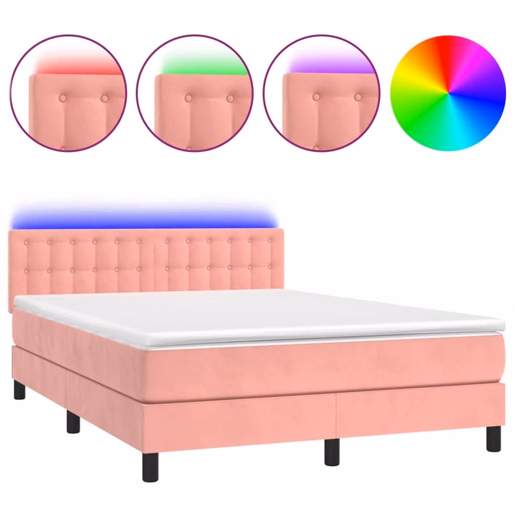 Letto a Molle con Materasso e LED Rosa 140x200 cm in Velluto