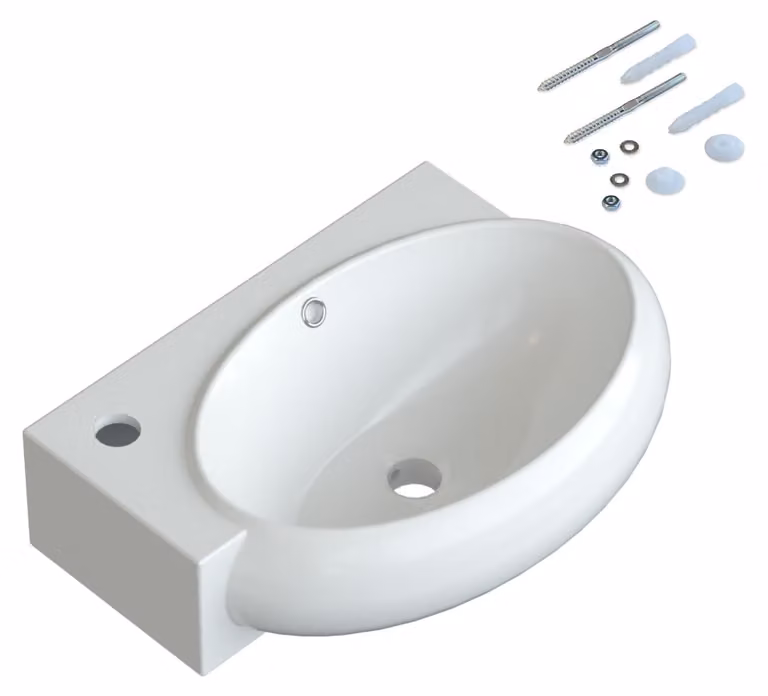 Lavabo da bagno in Vetroceramica, forma ovale e rettangolare, dimensioni 44x29 cm, colore bianco, con troppofilo